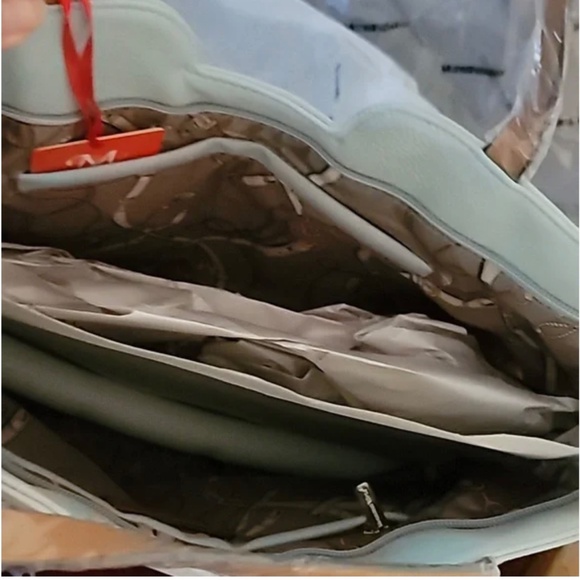 NWT Montana West Tote Bag Top Handle Oversized Handbag Light Blue Brown Piping - Picture 6 of 14